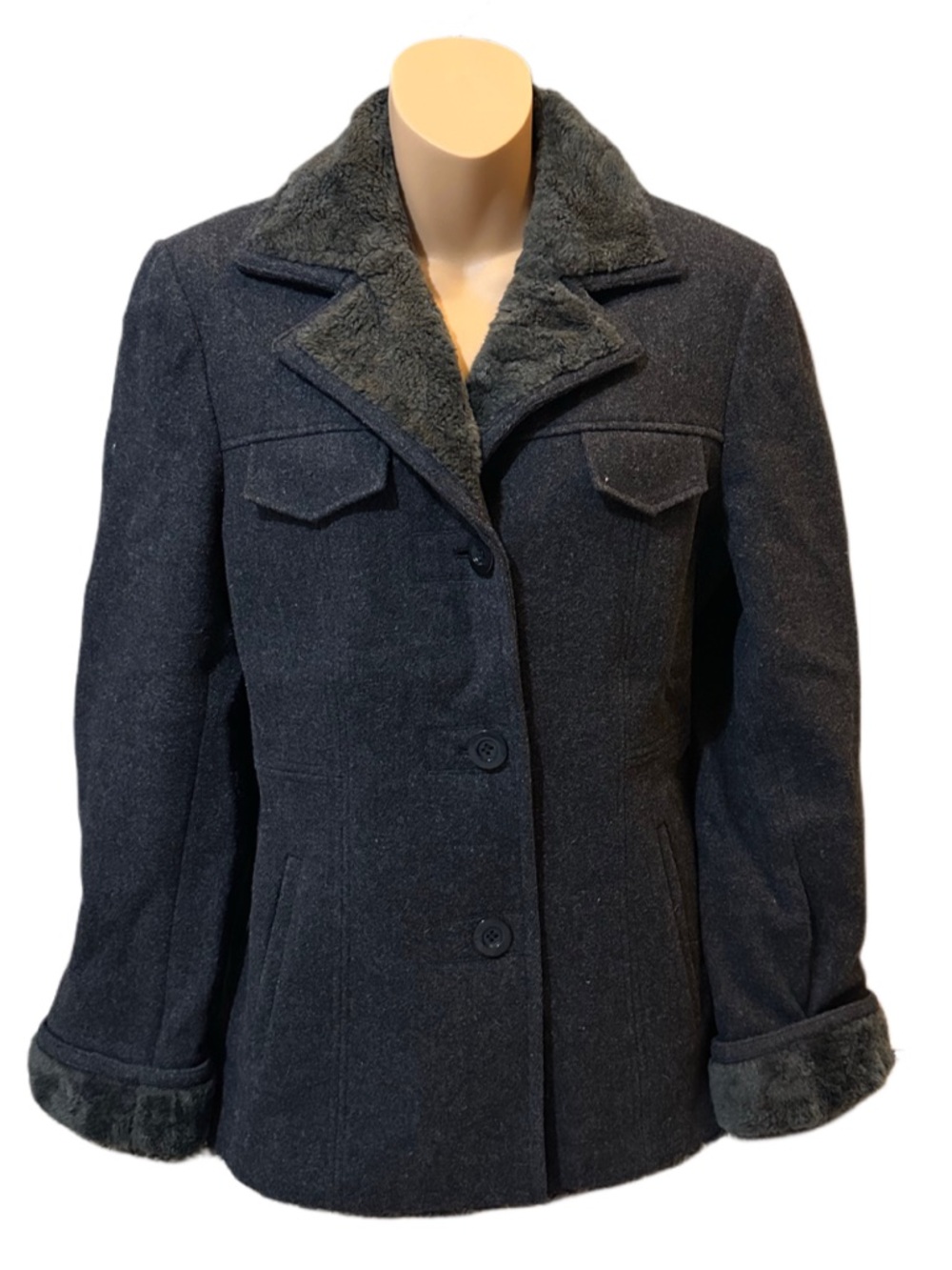 St. John's Bay Black/Gray Wool Blend Pea Coat with Faux Fur Trim
